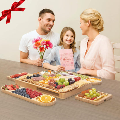 Charcuterie Board Set - FamRica Extra Large Cheese Board with 2 Drawers Bamboo Cheese Tray Serving - Unique Wedding Housewarming Birthday Gifts