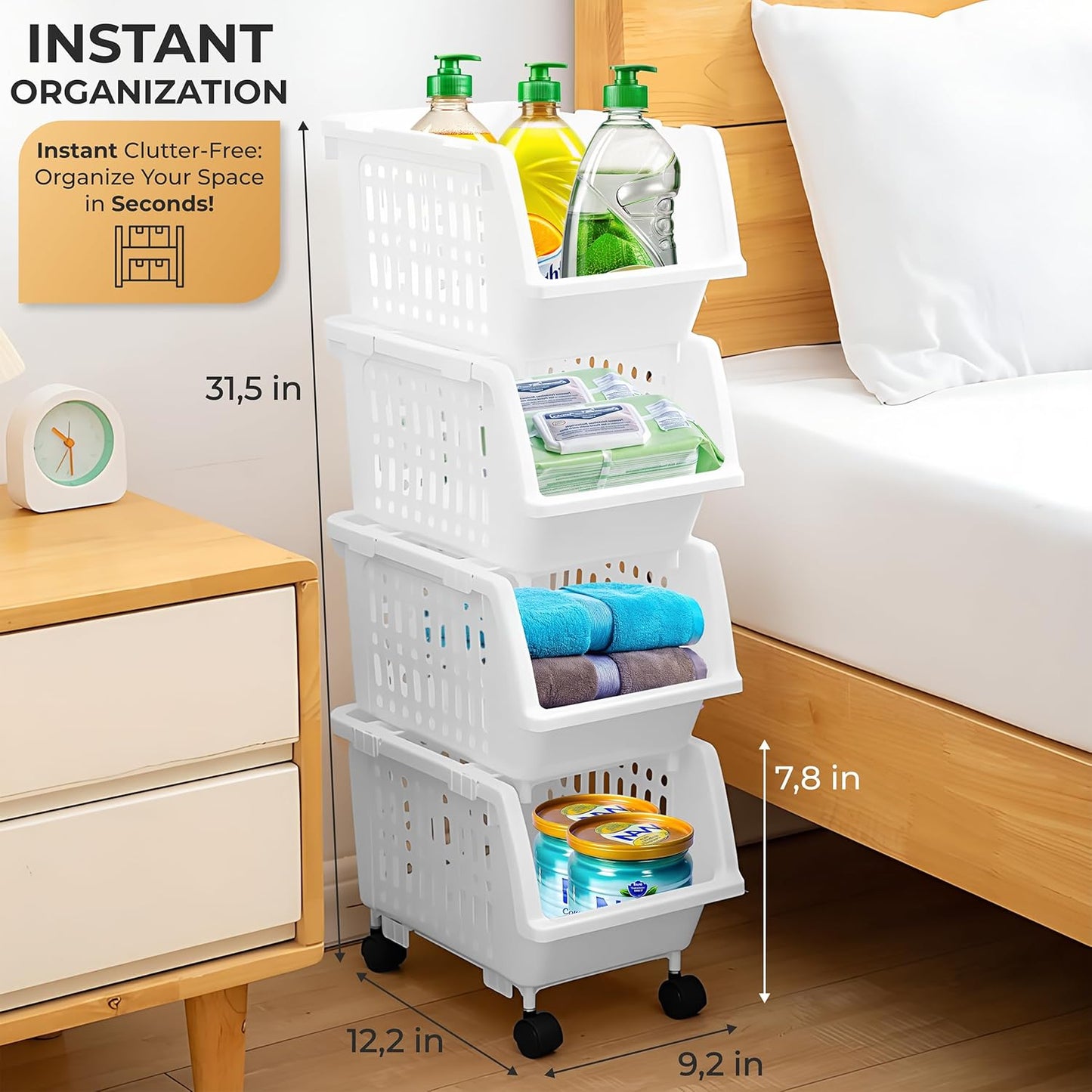 TidyFriend Plastic Stackable Storage Bins Clear - 4 Pack Large Open Front Bins For Toy Organizers and Pantry, Kitchen, Bathroom Essentials