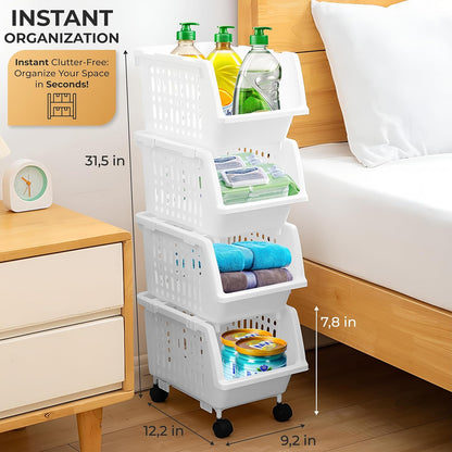 TidyFriend Plastic Stackable Storage Bins Clear - 4 Pack Large Open Front Bins For Toy Organizers and Pantry, Kitchen, Bathroom Essentials