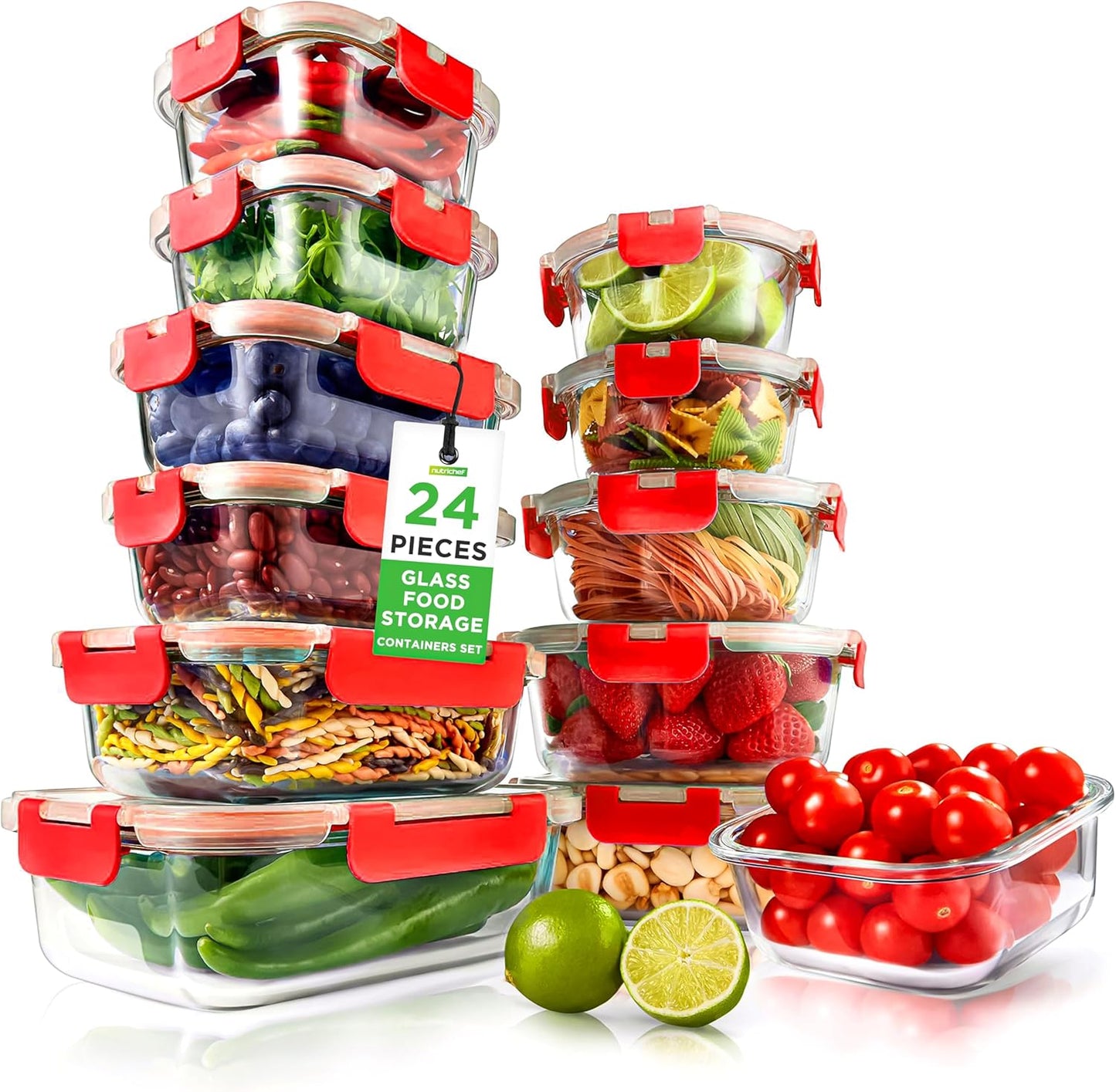 NutriChef 24pcs Glass Food Storage Containers, (12 Stackable Heavy Duty Meal Prep Containers w/ 12 Airtight Lids), Microwave, Freezer, & Dishwasher Safe for Food, Snacks, Fruit & More, (Gray)
