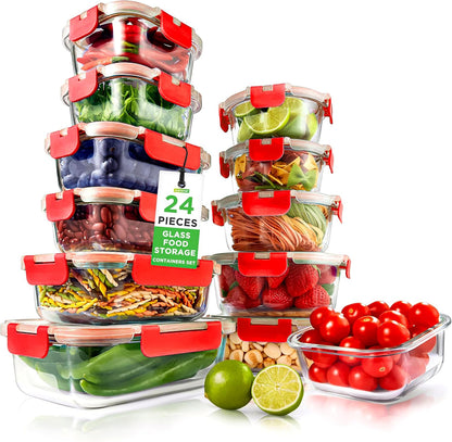 NutriChef 24pcs Glass Food Storage Containers, (12 Stackable Heavy Duty Meal Prep Containers w/ 12 Airtight Lids), Microwave, Freezer, & Dishwasher Safe for Food, Snacks, Fruit & More, (Gray)