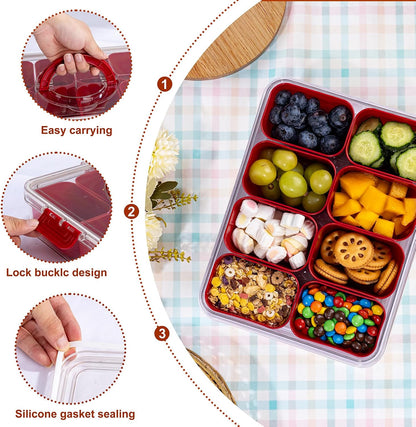 U-QE Dishwasher Safe Snackle Box Container with 8 Small Snacks Box - Premium Ivory Plastic Divided Serving Tray with Lid and Handle for Snack, Veggie, Fruits, Perfect for Party, Picnic, Entertaining