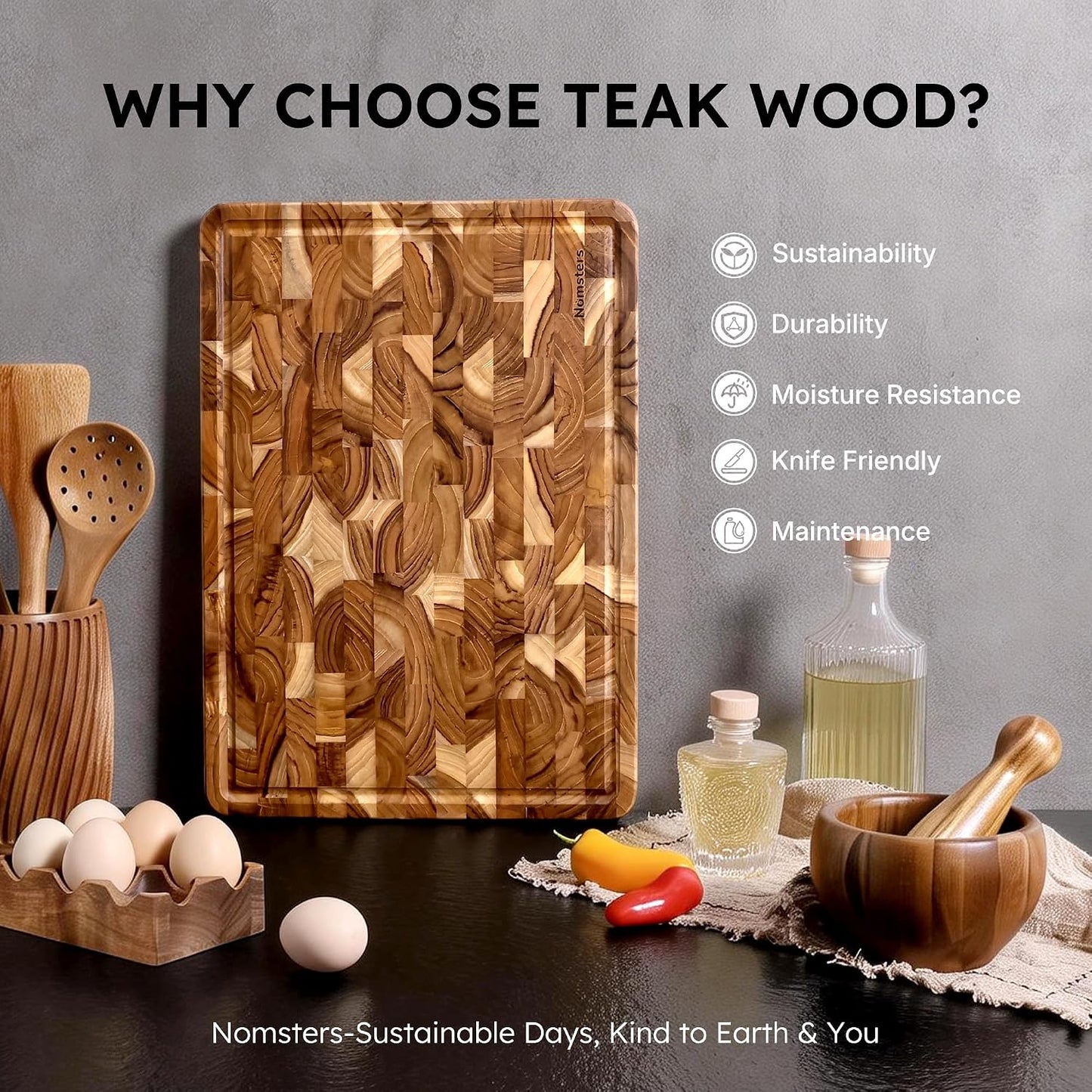 Teak Wood End Grain Cutting Board Set of 2 with Non-slip Feet, Reversible Cutting Boards for Kitchen with Juice Grooves and Handles Non Toxic Chopping Board Butcher Block Serving Tray Kitchen Gift