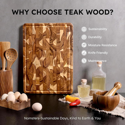 Teak Wood End Grain Cutting Board Set of 2 with Non-slip Feet, Reversible Cutting Boards for Kitchen with Juice Grooves and Handles Non Toxic Chopping Board Butcher Block Serving Tray Kitchen Gift