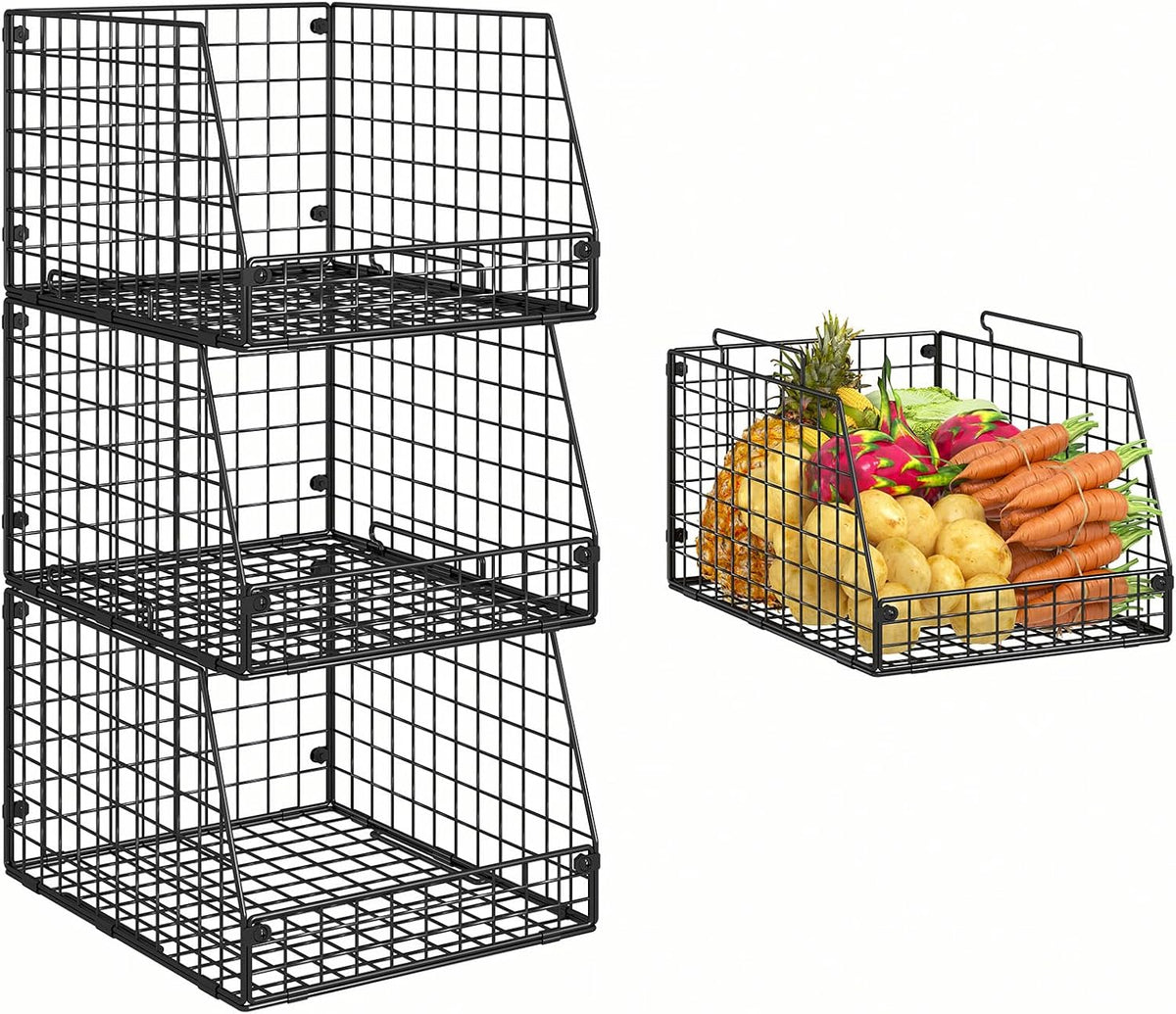 Jakyitvi 4 Pack XXL Stackable Wire Storage Basket, Extra Large Capacity Pantry Organizer and Storage, Muti-Purpose for Vegetable Fruit Basket & Can Organizer & Snack Rack & Metal Pantry Bin