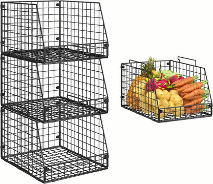 Jakyitvi 4 Pack XXL Stackable Wire Storage Basket, Extra Large Capacity Pantry Organizer and Storage, Muti-Purpose for Vegetable Fruit Basket & Can Organizer & Snack Rack & Metal Pantry Bin