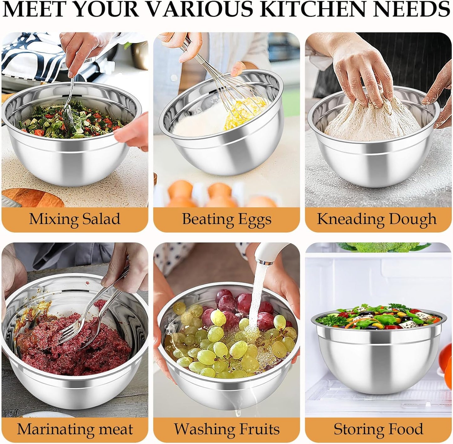 TeamFar Mixing Bowls, Stainless Steel Nesting Salad Bowls with Lids Set of 3 & 3 Grater Attachments, For Mixing/Serving/Storing, Non-toxic & Long-lasting, Size 4.6/3 / 1.5 QT, Black