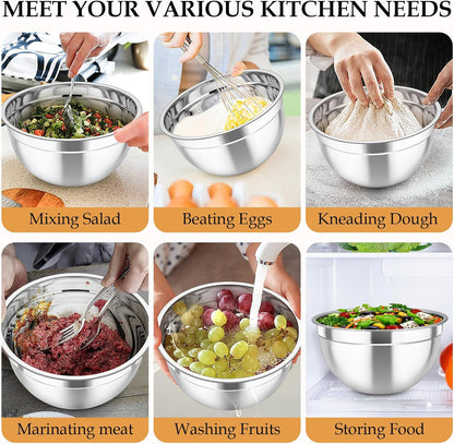 TeamFar Mixing Bowls, Stainless Steel Nesting Salad Bowls with Lids Set of 3 & 3 Grater Attachments, For Mixing/Serving/Storing, Non-toxic & Long-lasting, Size 4.6/3 / 1.5 QT, Black