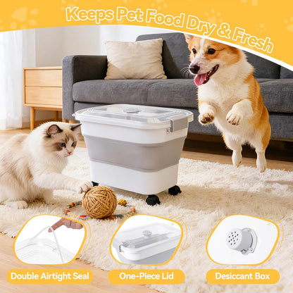 Dog Food Storage Container 20-25lbs, Airtight Pet Food Bin with Locking Lid & Clear Window, Collapsible Rolling Storage Container with Wheels & Scoop, Black