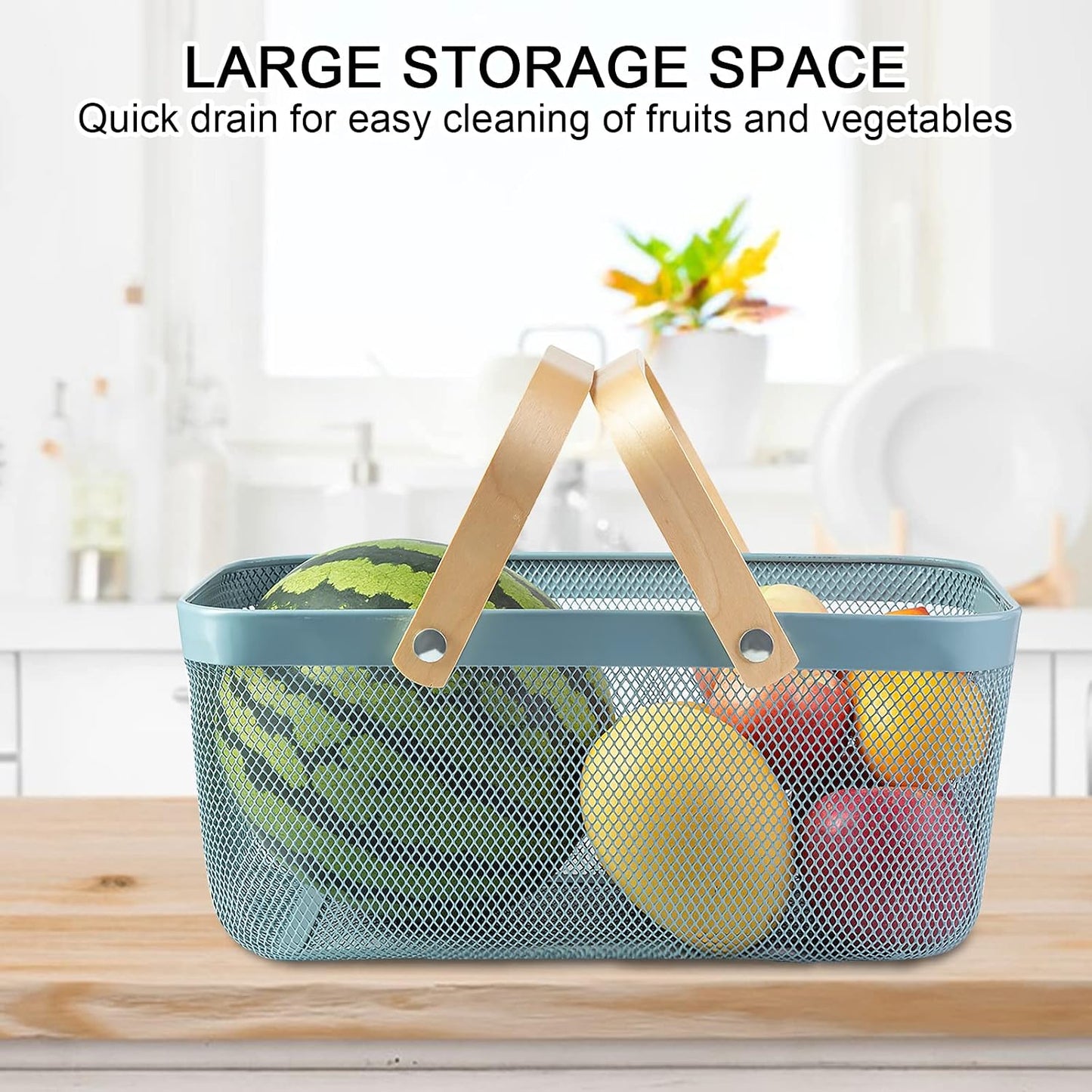 Portable Garden Harvest Basket-Mesh Design Natural Bamboo Handle Wire Storage Baskets,Mesh Basket with Handle Organize Items Reduce Space Occupation,Suitable for Kitchen,Garden,Picnic(Black)