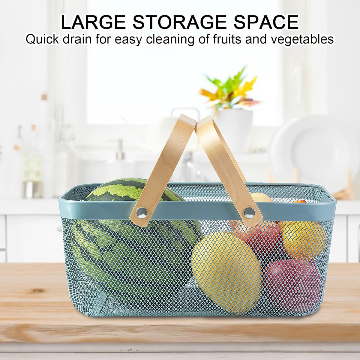 Portable Garden Harvest Basket-Mesh Design Natural Bamboo Handle Wire Storage Baskets,Mesh Basket with Handle Organize Items Reduce Space Occupation,Suitable for Kitchen,Garden,Picnic(Black)