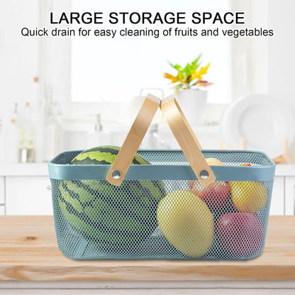 Portable Garden Harvest Basket-Mesh Design Natural Bamboo Handle Wire Storage Baskets,Mesh Basket with Handle Organize Items Reduce Space Occupation,Suitable for Kitchen,Garden,Picnic(Black)