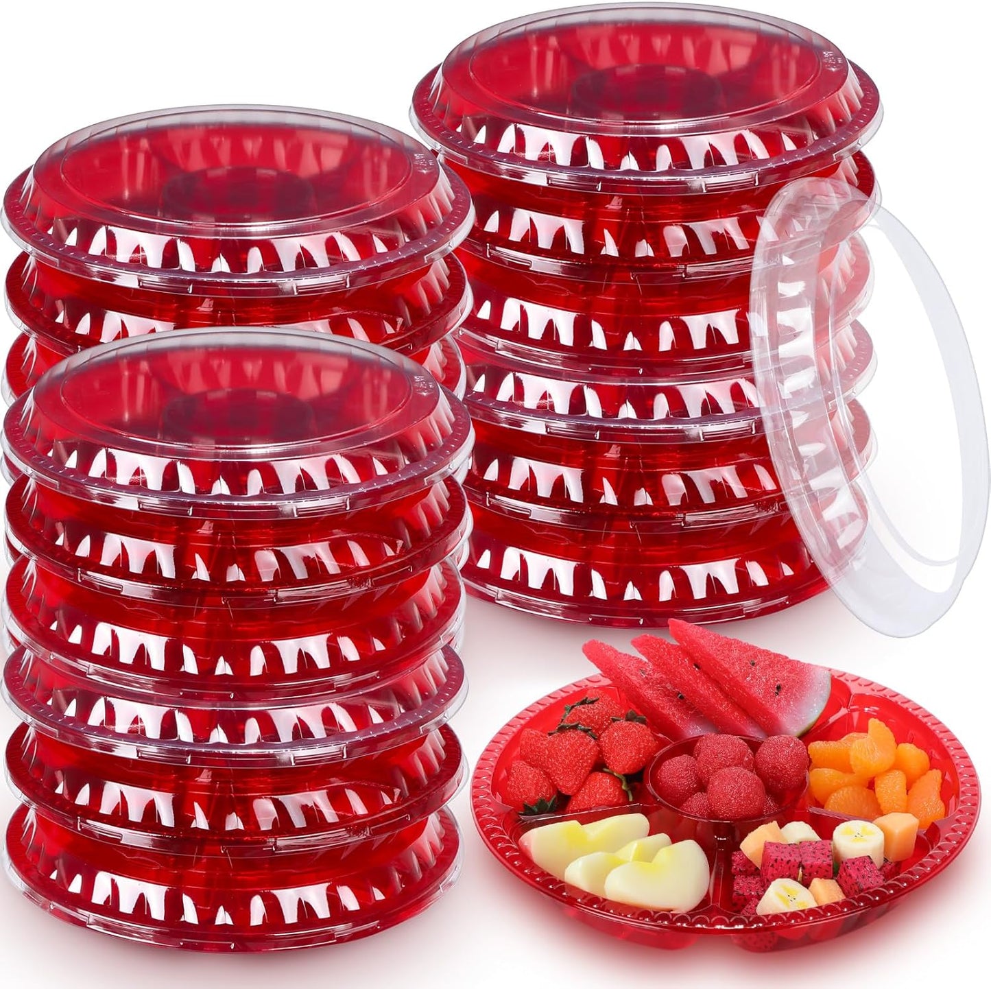 Rtteri 36 Pcs Round Catering Trays with Lids Divided Serving Trays 6 Compartment Disposable Plates Plastic Appetizer Traysplatters Food Storage Containers for Christmas Party Fruit Buffet (Black)