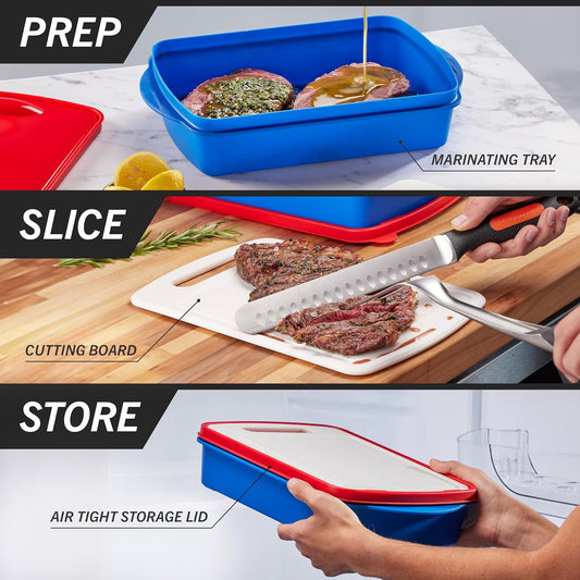 Mr. Bar-B-Q - Prep and Slice Tray Set (Includes Built-in Cutting Board + Marinade Container)