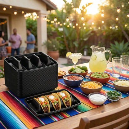 Baderke 100 Pcs Disposable Taco Holders for Party, Disposable Plastic Taco Plates with 3 Dividers, Premium PP Tacos Tray Serving Set for Tacos Tuesday, Fiesta Party Bar Supplies
