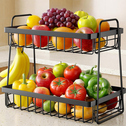 Sakugi Fruit Basket for Kitchen Counter - 2-Tier Fruit Bowl with Removable Banana Hanger & Handles, Rustproof Fruit Holder for Kitchen, Living Room, Bathroom, 13.4"×8.7"×11.7", Black