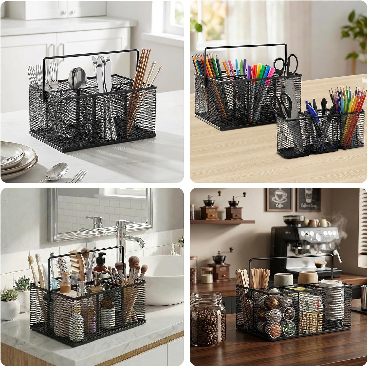 Neudeco Utensil Holder Set of 3, Black | Silverware Caddy, Portable Cutlery Storage & Paper Plate Organizer, Metal Mesh, Adjustable Dividers