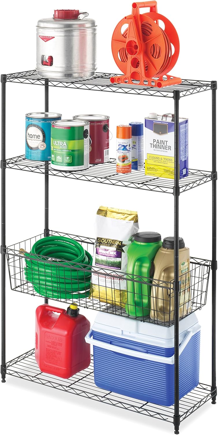 Whitmor 2-Wire Shelving Unit, Metal Storage Shelves, Stacking Shelf with Basket, Easy Assembly Home Organizer for Pantry, Kitchen, Garage, Plant