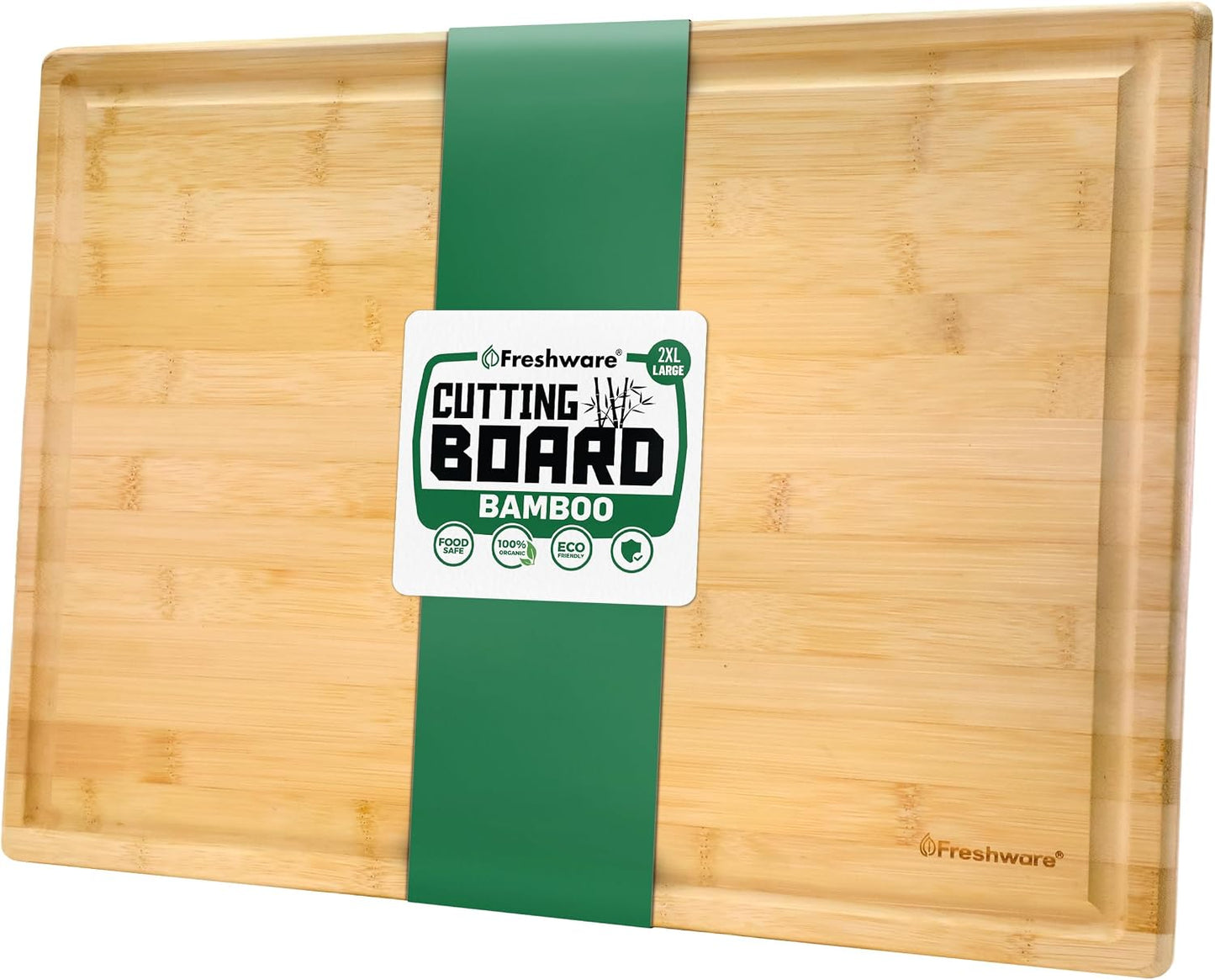 Freshware Wood Cutting Boards for Kitchen - Bamboo Cutting Board Set of 3, Cutting Boards with Juice Grooves, Serving Board Set, Chopping Board for Meat, Veggie, Easy Grip Handle (9x6", 12x8", 15x10")