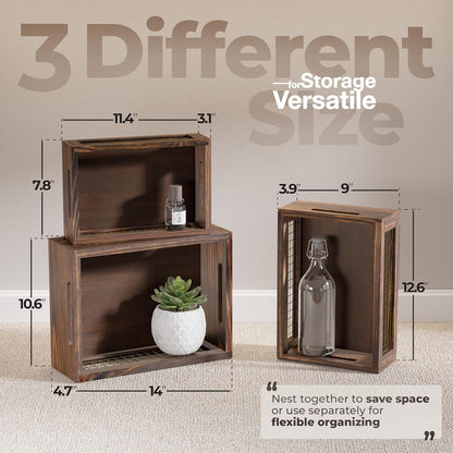 Set of 3 Wooden Nesting Countertop Baskets, Rustic Wood Storage Crates with Handles for Kitchen, Pantry, Bathroom, Fruit, Vegetables, Bread