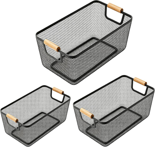 3Pcs Metal Wire Basket with Wooden Handle, Mesh Wire Storage Organizer Bins, 3 Sizes Multifunctional Rectangle Storage Containers for Kitchen Decor, Farmhouse,Pantry, Home