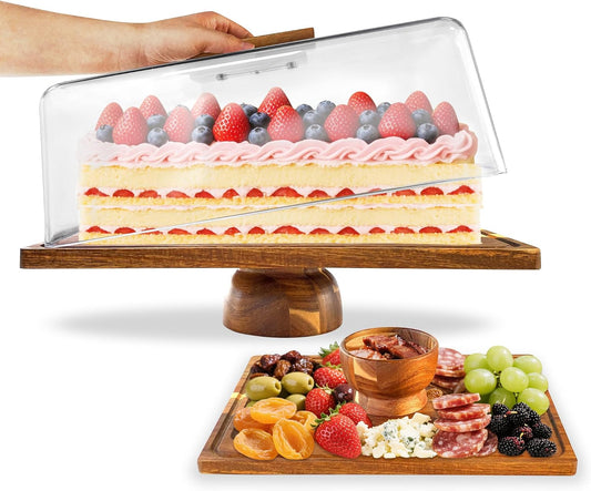 Acacia-Wood-Cake-Stand With Acrylic Lid, Rectangular Cake Plates Charcuterie Board With Cover, 2-in-1 Cake Holder With Dome，Dessert Table Display Stand For Cheese, Chips & Dips, Nachos, Fruit Platter