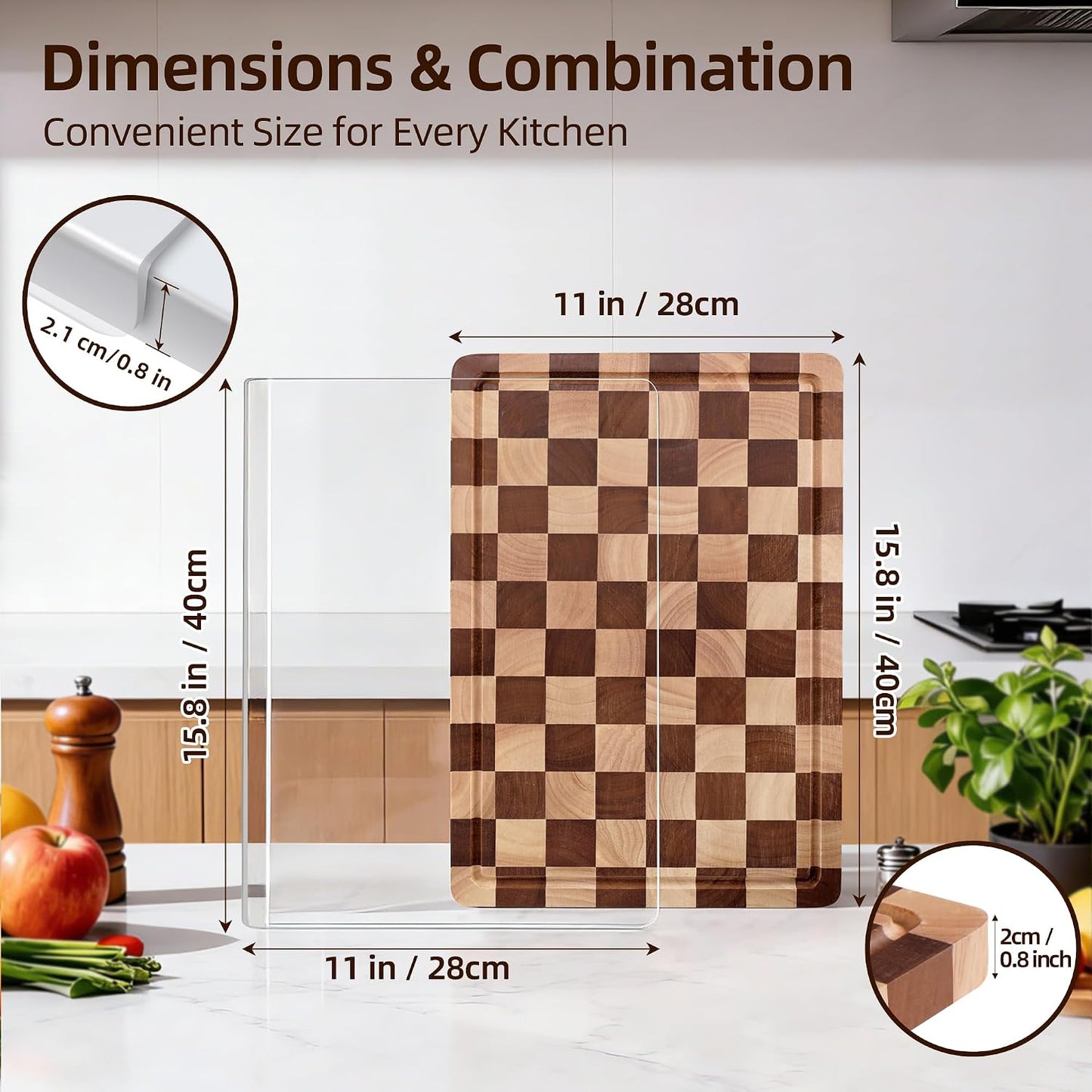 Cutting Board Set of 2 – Checkered Wood & Acrylic Cutting Board with Counter Lip for Kitchen Counter, Wood Checkerboard Chopping Board with Juice Grooves for Vegetables, Fruits, Meat