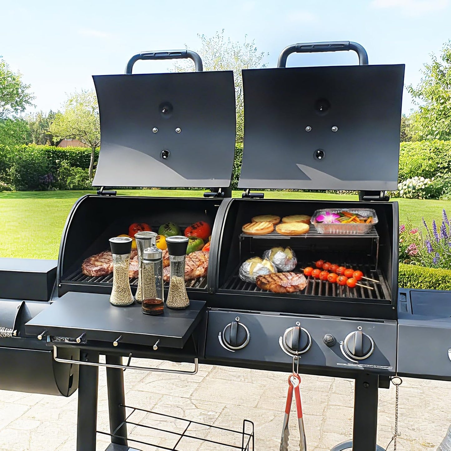 Upgraded Grill Table for Weber Kettle 22"/18"/26", Master Touch 22", Smokey Mountain, Recteq Pellet Grill RT-B380, Prep Station with Cutting Board, Basin, 4 Hooks, Shelf for Weber Kettle Accessories