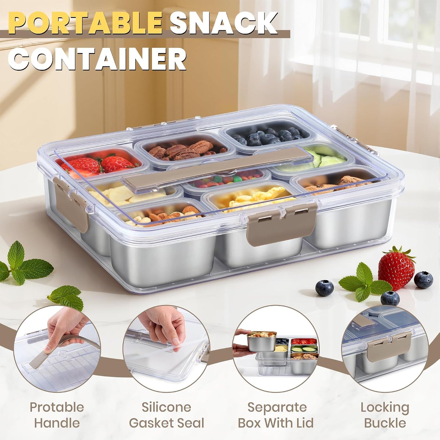 Snackle Box Container, Stainless Steel Snack Containers for Adults, 9 Compartments Divided Serving Tray with Lids and Handle, Portable Snack Platter for Parties, Grey