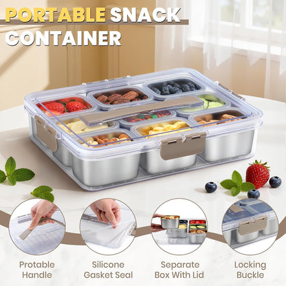 Snackle Box Container, Stainless Steel Snack Containers for Adults, 9 Compartments Divided Serving Tray with Lids and Handle, Portable Snack Platter for Parties, Grey