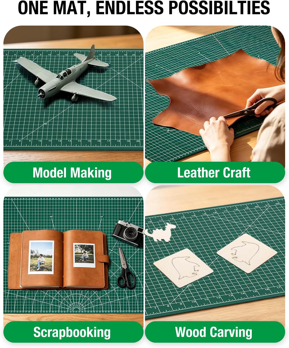 Self Healing Cutting Mat, 35" × 15", Double-Sided Rotary Cutting Mat for Sewing, Quilting, Scrapbooking & Craft, Large Craft Cutting Board for Hobby Use, Green
