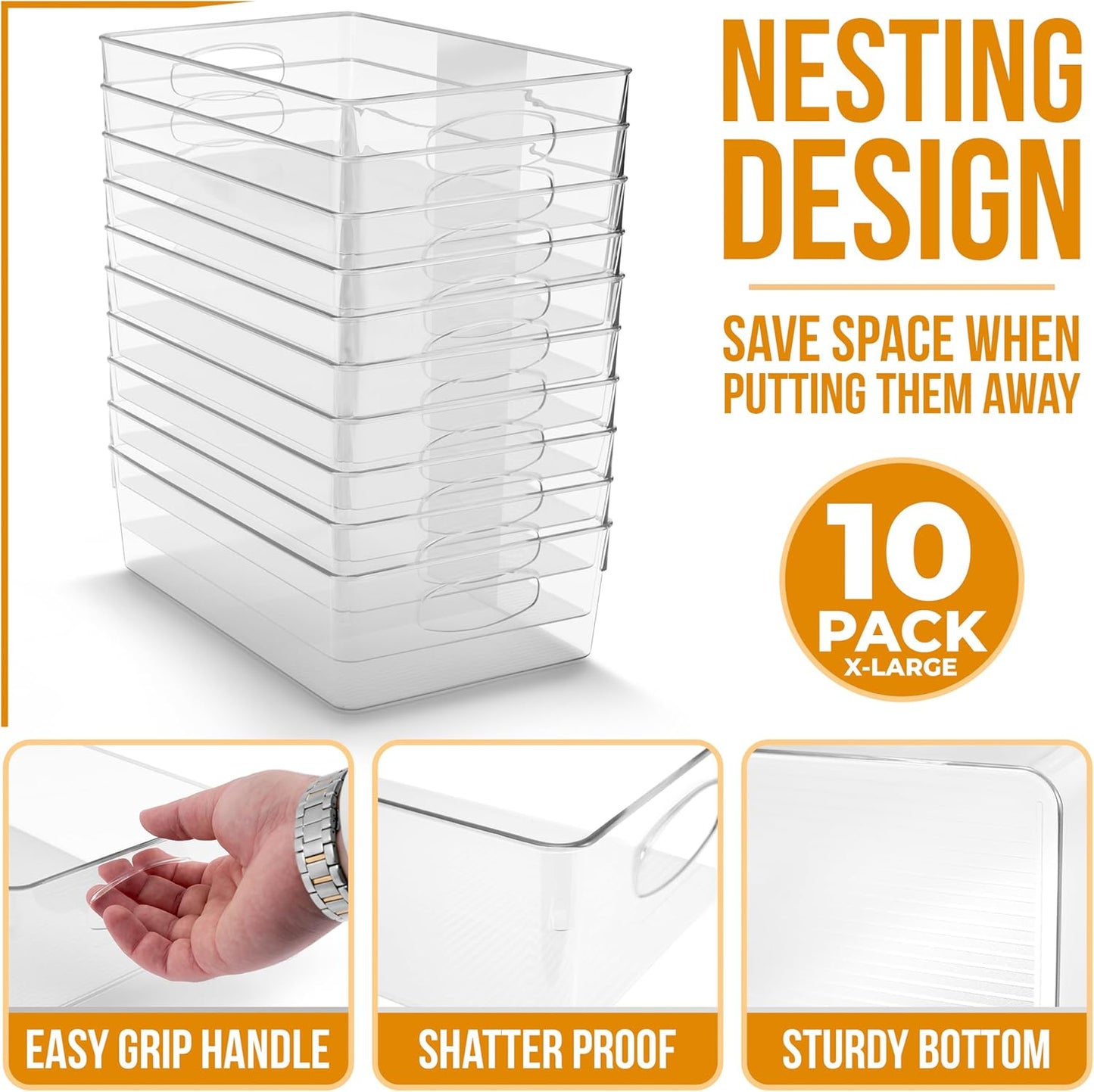 Sorbus Large Clear Plastic Storage Bins, 10 Pack Clear Organizer Bins with Handles, Plastic Storage Bins for Closet, Pantry, Fridge, Medicine Cabinet Organizer, Shelves, Freezer, Drawer