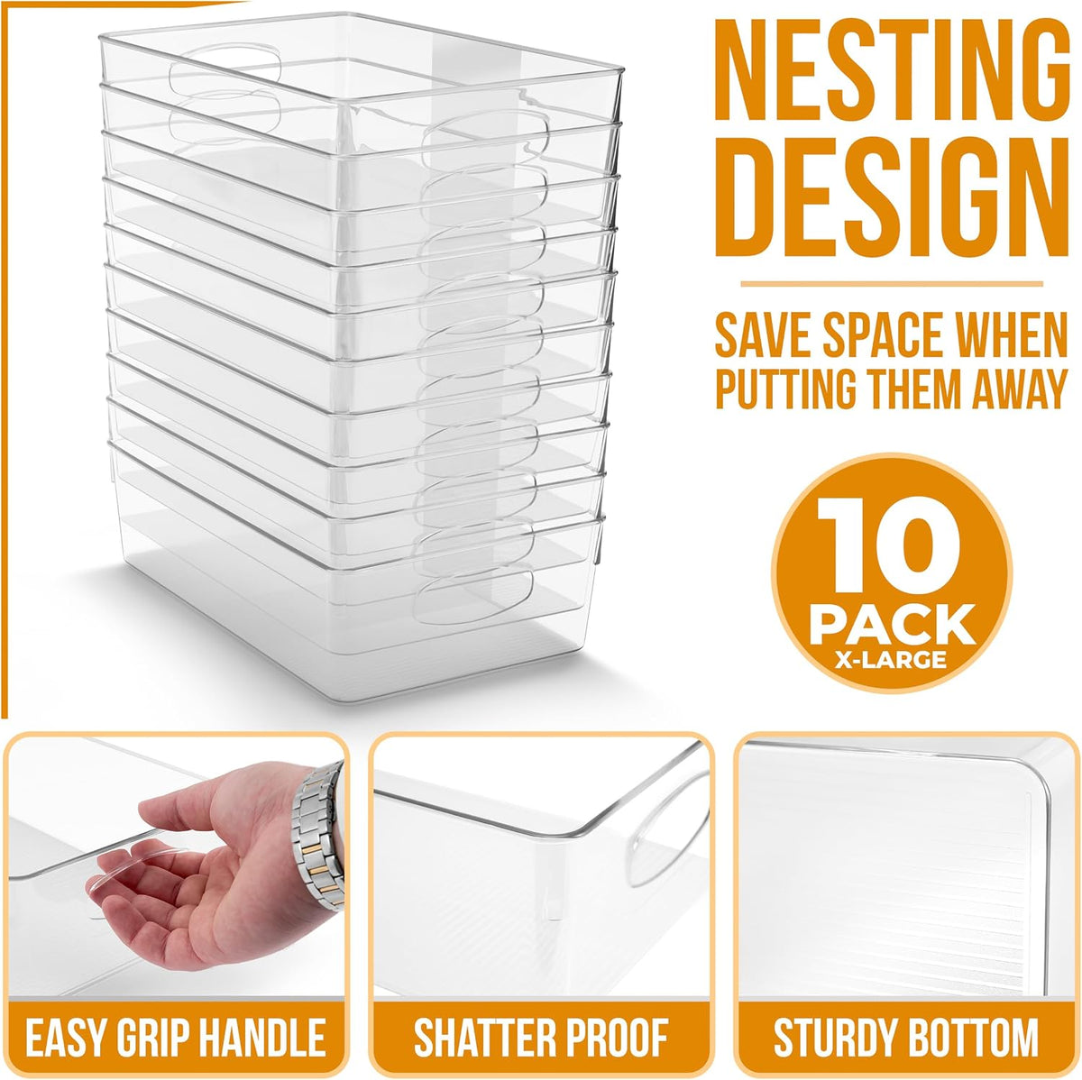 Sorbus XL Clear Plastic Storage Bins for Shelves, Clothes, with Handle - Clear Storage Bins, Drawer, Shelf, Closet, Pantry, Fridge, Freezer Organizer Bins, Closet Organizers and Storage (10 pack)