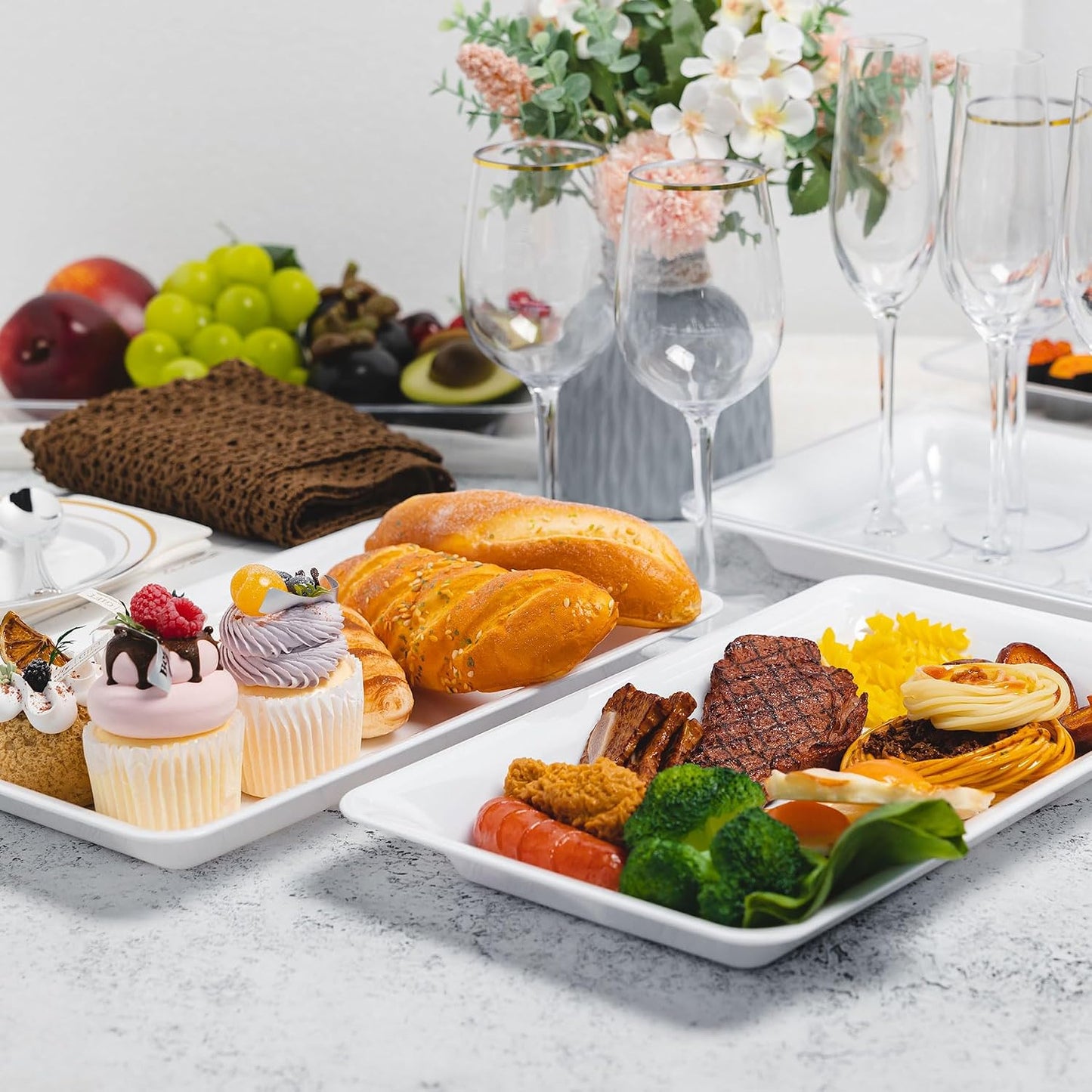6-Pack 14" x 9" Clear Large Plastic Serving Trays, Reusable Serving Platters for Dessert, Fruit, Snacks, Cookies, Heavy Duty Food Serving Tray for Kitchen, Party