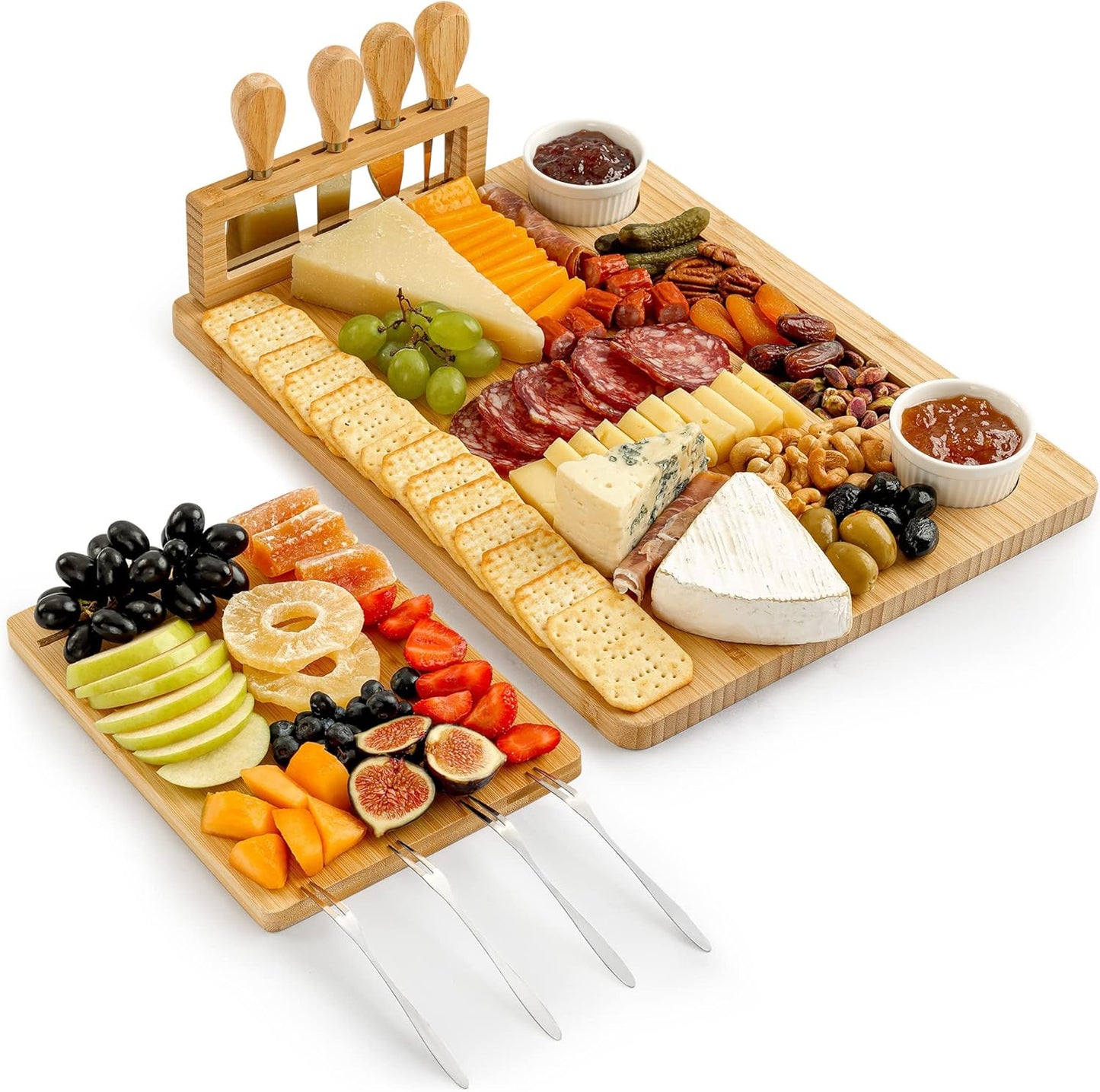 Zulay Kitchen Premium Bamboo Charcuterie Board - Extra Thick Bamboo Board with 4 Piece Knife Set - Perfect for Charcuterie, Wine and Cheese