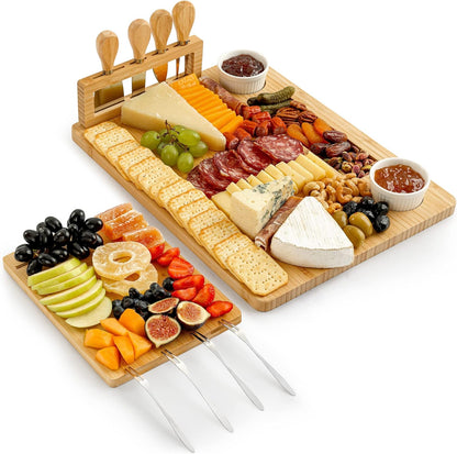 Zulay Kitchen Premium Bamboo Charcuterie Board - Extra Thick Bamboo Board with 4 Piece Knife Set - Perfect for Charcuterie, Wine and Cheese