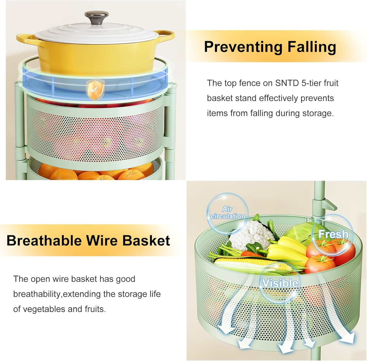 SNTD Fruit and Vegetable Basket Bowls for Kitchen with Metal Top Lid, 5 Tier Rotating Storage Rack Cart for Potato Onion Bread Banana, Wire Basket Organizer on Wheels, Large, Black