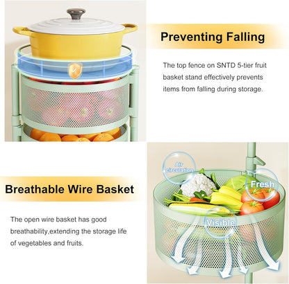 SNTD Fruit and Vegetable Basket Bowls for Kitchen with Metal Top Lid, 5 Tier Rotating Storage Rack Cart for Potato Onion Bread Banana, Wire Basket Organizer on Wheels, Large, Black