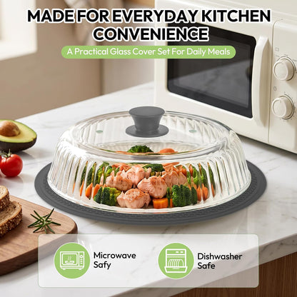 Glass Microwave Cover for Food, 10 Inch Heat Resistant Splatter Guard Lid with Silicone Mat & Vent Holes, Borosilicate Glass Dishwasher Safe, BPA-Free No Plastic