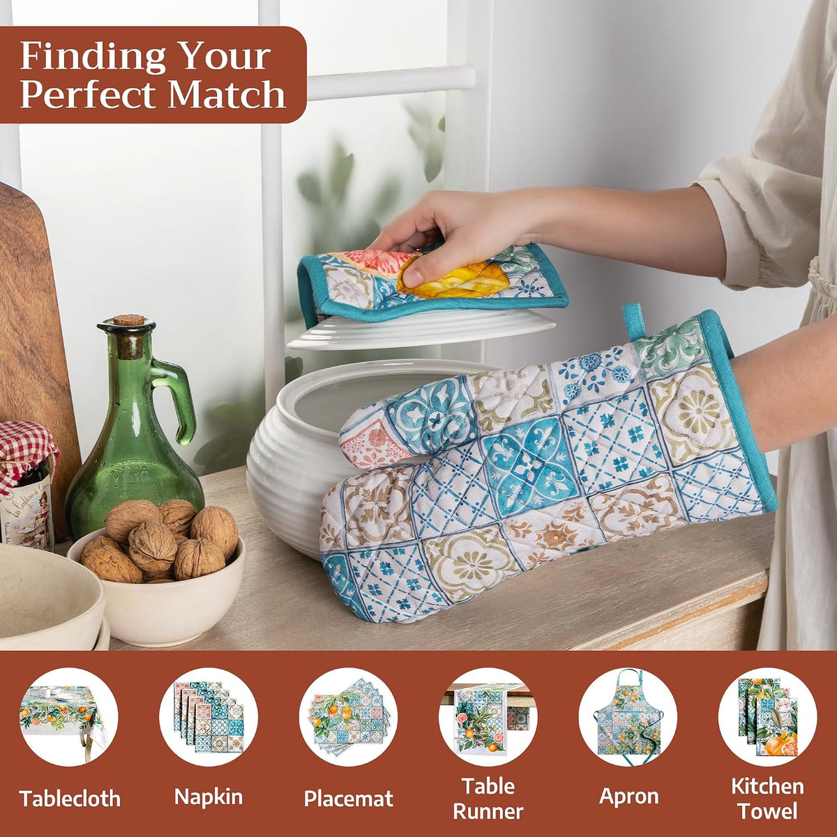 Maison d' Hermine 100% Cotton Oven Mitt & Pot Holder Set (7.5"x13" & 8"x8") - Colors C