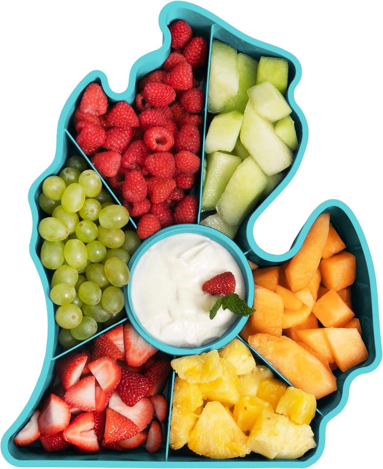 KOLORAE Michigan Serving Tray - Unique 7 Compartment Mitten State Reusable Snack Tray w/Dressing Cup. Great for Entertaining and Storage for Appetizers, Snacks, Chips & Dip