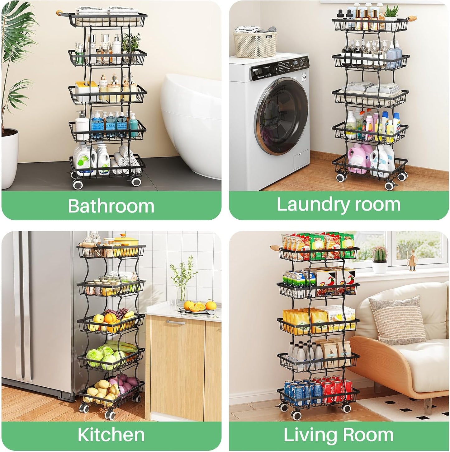 SAYZH Fruit Basket Kitchen Pantry Organizers and Storage - 4 Tier Stackable Metal Wire Basket Stand for Fruit Vegetable Snacks Jars Bins Containers Organization(Black, 4 Tiers)