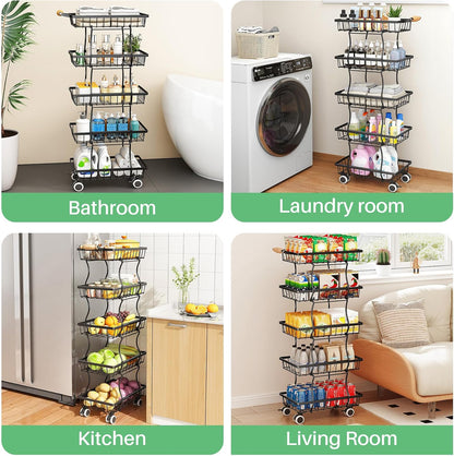 SAYZH Fruit Basket Kitchen Pantry Organizers and Storage - 4 Tier Stackable Metal Wire Basket Stand for Fruit Vegetable Snacks Jars Bins Containers Organization(Black, 4 Tiers)