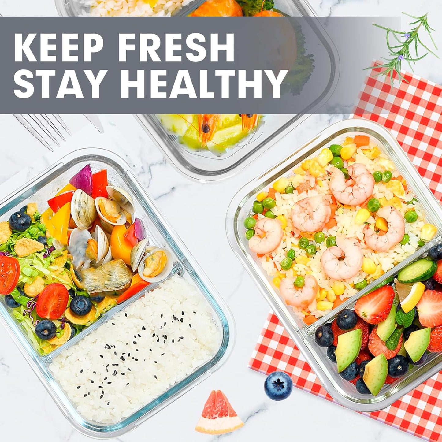 VERONES 5 Pack Glass Meal Prep Containers 2 Compartment Set, 36OZ Airtight Lunch Containers, Glass Food Storage Containers with Lids, for Microwave, Oven, Freezer & Dishwasher Friendly,White