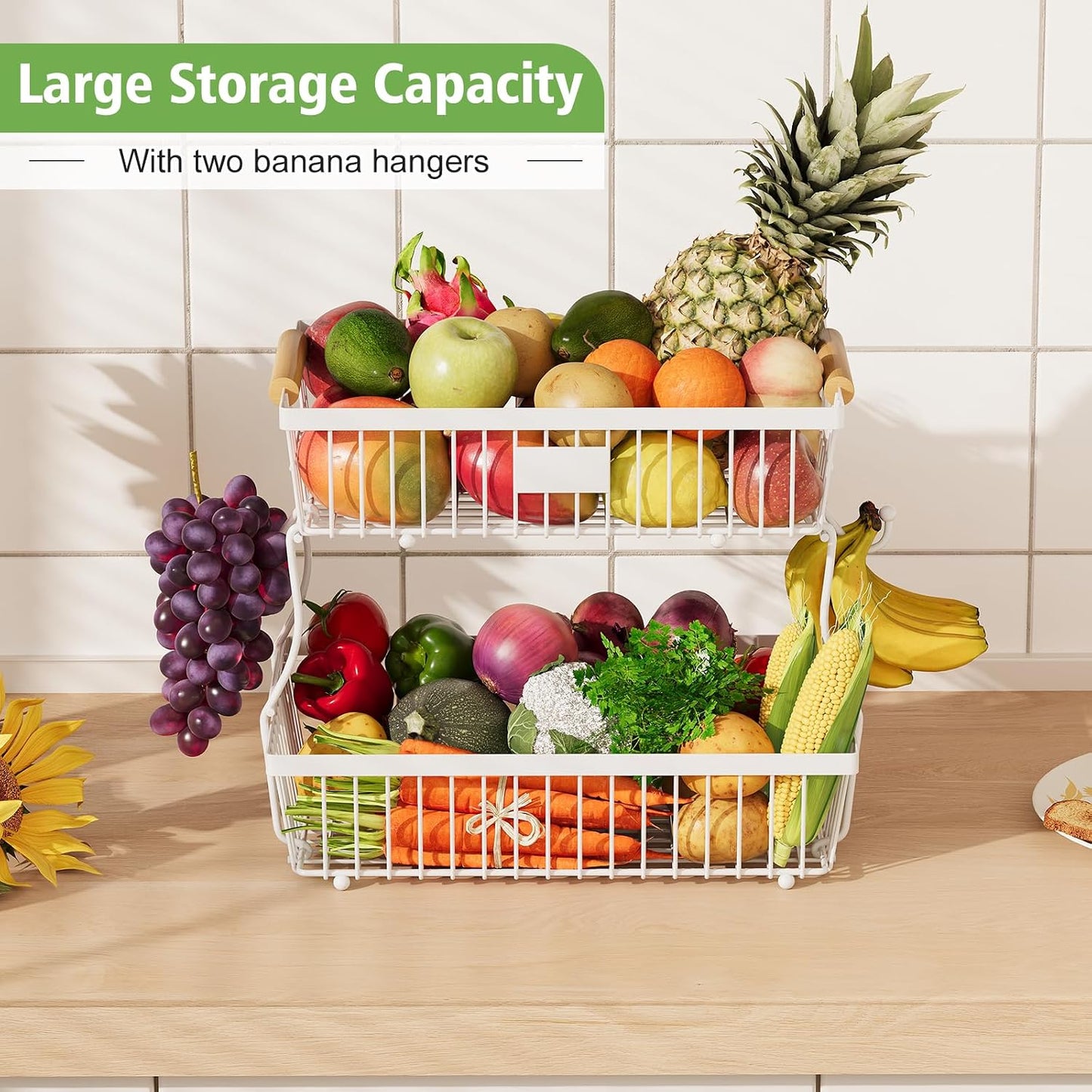 2 Tier Fruit Basket for Kitchen Counter with 2 Banana Hangers, Countertop Metal Bread Basket with Wooden Handle, Large Storage Stand for Vegetables, Snacks, Eggs, Produce Storage – Black