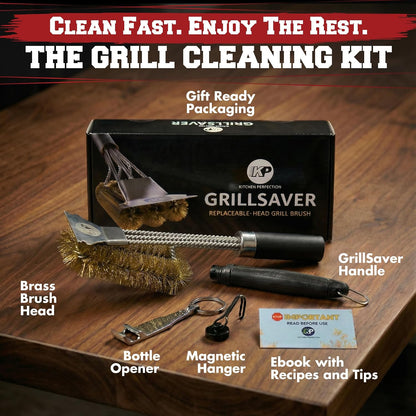 KITCHEN PERFECTION GrillSaver - Safe BBQ Grill Brush for Outdoor Grill with Replaceable Cleaning Head -Heavy-Duty Grill Cleaner with Scraper for All Grates +2 Bonuses -Best Grilling Gifts for Men