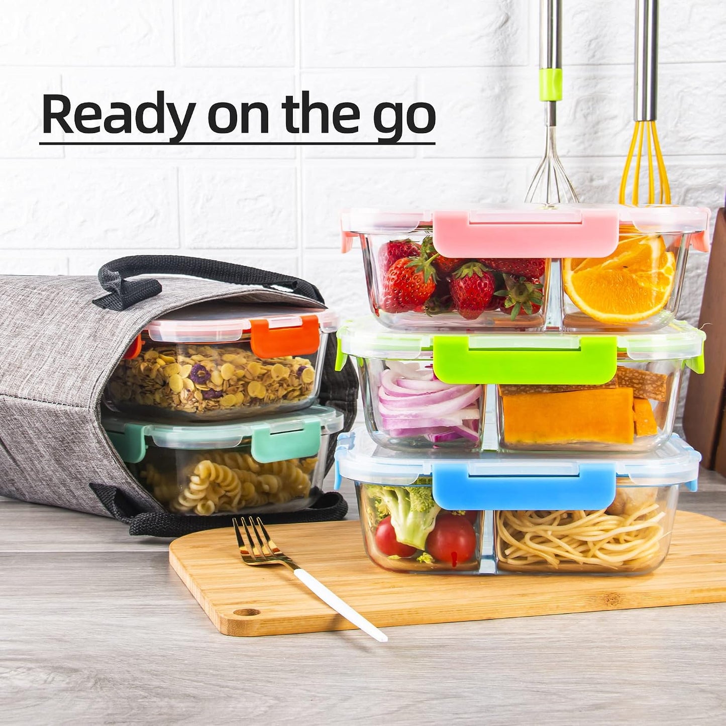 5 Pack Glass Meal Prep Containers 3 Compartment with Lids, Divided Glass Storage Containers with Silicone Sleeve for Lunch, Leak-Proof Portion Control Food Containers, Dishwasher Safe, 34 oz