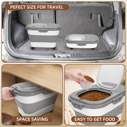 Dog Food Container, Collapsible Pet Food Storage Container 17-20 lb with Rolling Wheels & Airtight Lid, Plastic Storage Bin With Dog Food Scoop and Measuaring Cups