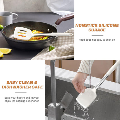 TeamFar Kitchen Utensils, 4 PCS Silicone Cooking Utensils Spatula Spoon Set with Stainless Steel Handle, for Frying Mixing Draining Turning, Healthy & Heat-proof, Non-stick & Dishwasher Safe - Black