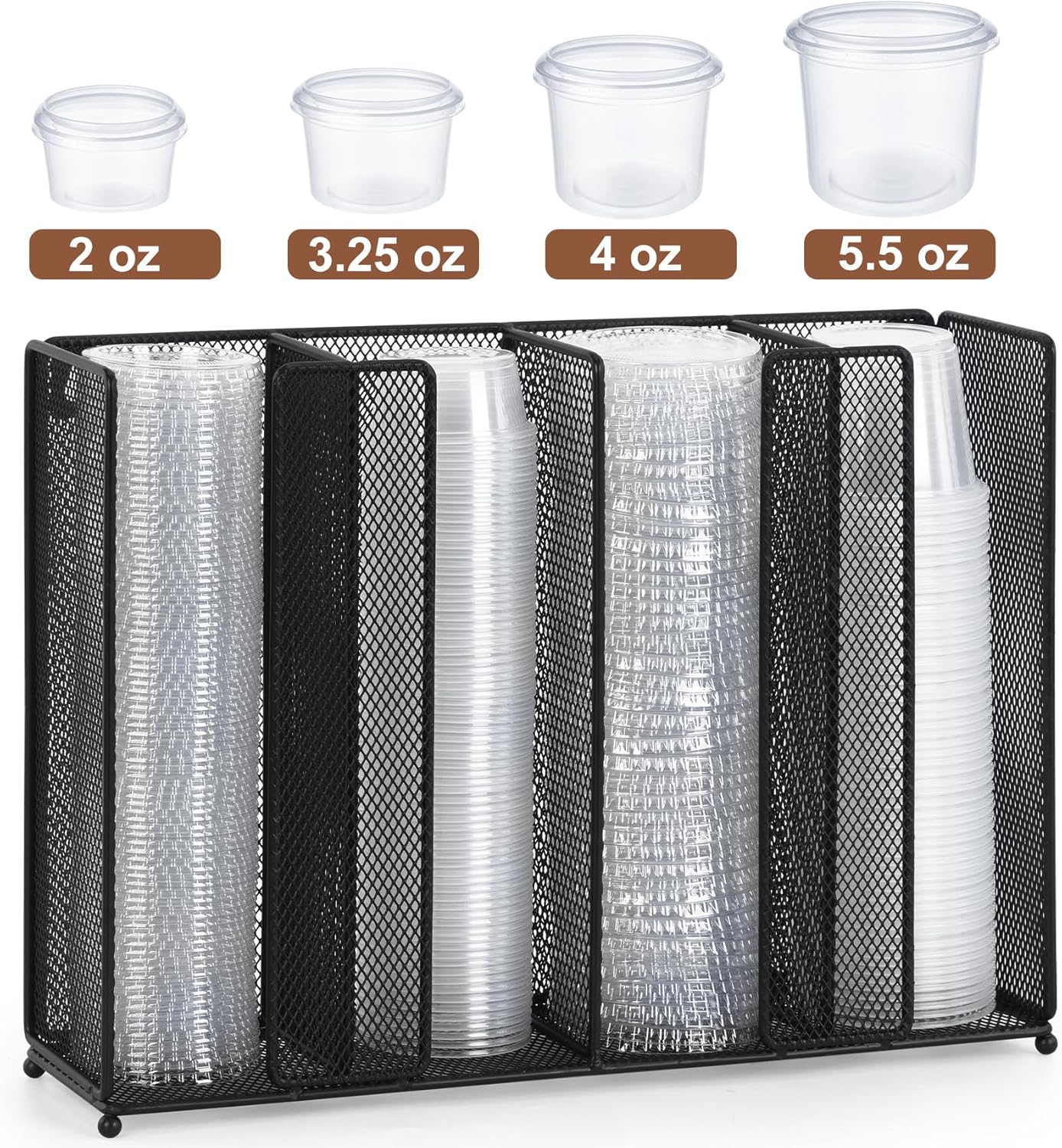 Sauce Cup Lid Organizer Wall Mount or Countertop, Disposable Plastic Portion Cup Holder Dispenser for Kitchen Restaurant Buffet, Fit 2 oz to 5.5 oz Jello Shot Cups & Condiment Cups, Black